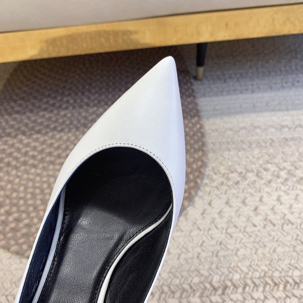 OPYUM BLACK HEEL SLINGBACK PUMPS IN WHITE SMOOTH LAMBSKIN