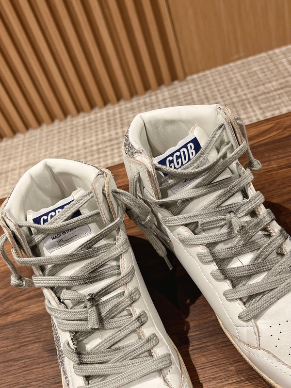 SKY-STAR SNEAKERS IN WHITE NAPPA LAMBSKIN WITH SILVER GLITTER STAR AND HEEL TAB