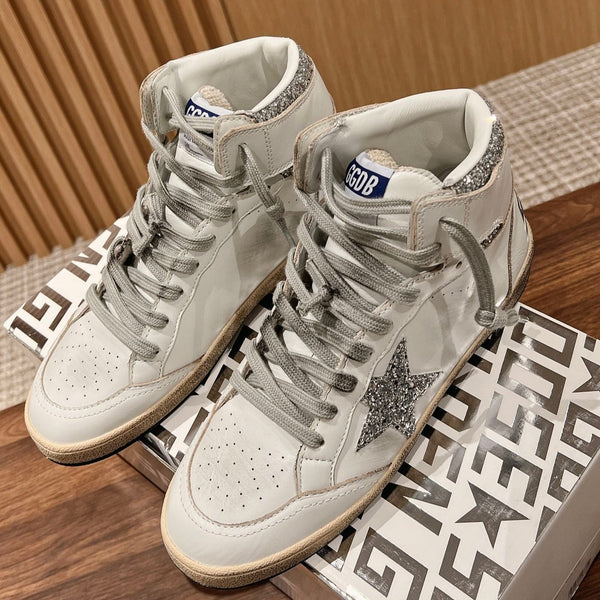 SKY-STAR SNEAKERS IN WHITE NAPPA LAMBSKIN WITH SILVER GLITTER STAR AND HEEL TAB