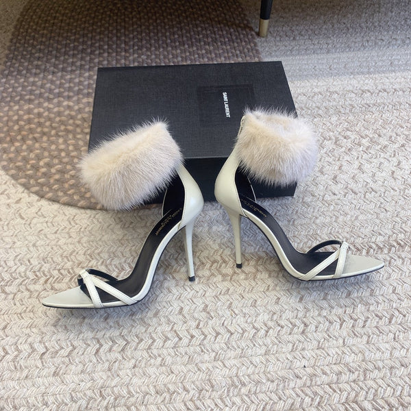 HIGH HEEL SANDAL IN WHITE POLISHED CALFSKIN AND MINK FUR