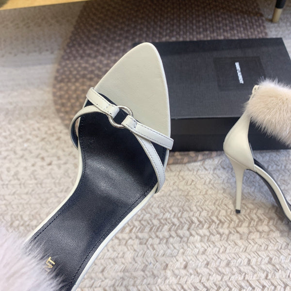 HIGH HEEL SANDAL IN WHITE POLISHED CALFSKIN AND MINK FUR