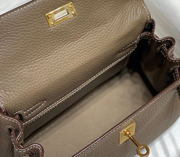 HM Mini Kelly 20 cm Pelle Togo Grigio Elefante Hardware Dorato