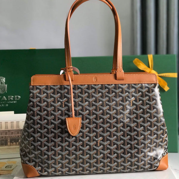 BELLECHASSE BIAUDE PM BAG 36 IN BLACK GOYARDINE CANVAS AND TAN CALFSKIN TRIM