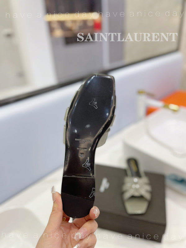 SL TRIBUTE SLIPPERS GLOSSY SAGE CALFSKIN