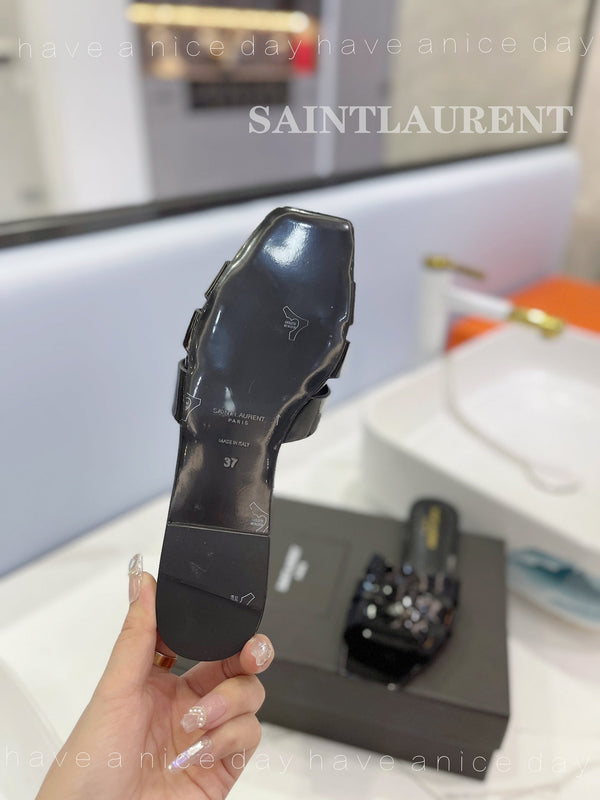 SL TRIBUTE SLIPPERS GLOSSY BLACK CALFSKIN