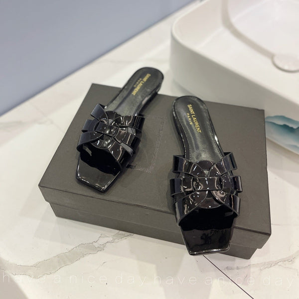 SL TRIBUTE SLIPPERS GLOSSY BLACK CALFSKIN