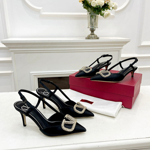 Valentino 25 White Vlogo Signature Slingback Pumps Black Silk 239504