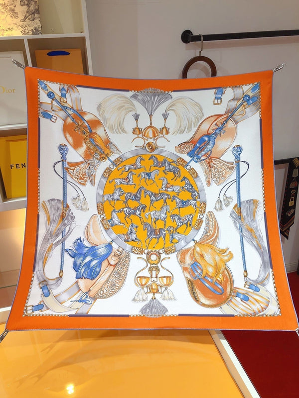 Cavalcades Scarf 90 CM In White Orange Colorful Silk Twill 288858