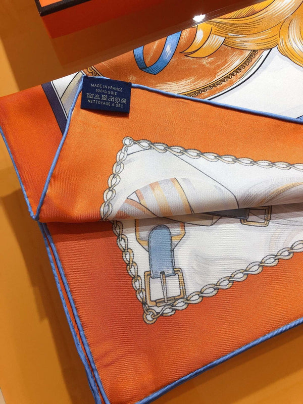 Cavalcades Scarf 90 CM In White Orange Colorful Silk Twill 288858