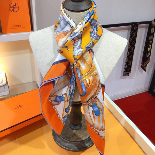 Cavalcades Scarf 90 CM In White Orange Colorful Silk Twill 288858
