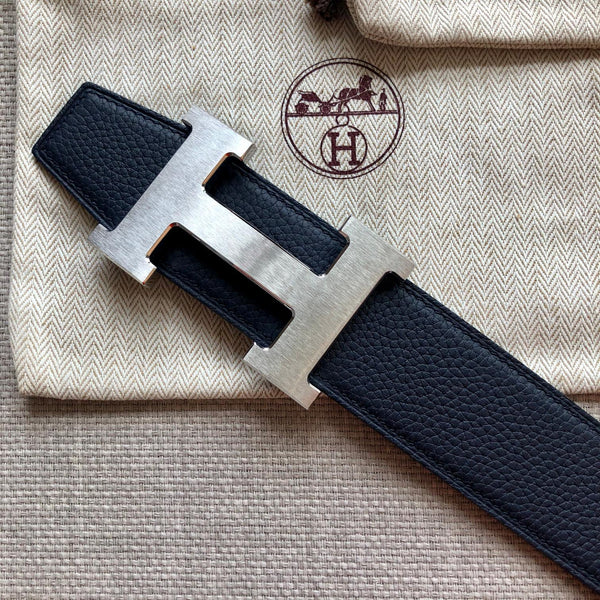 HM BELT BUCKLE & REVERSIBLE BLACK LEATHER STRAP 38MM SILVER HARDWARE