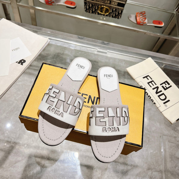 Ciabatte FF da donna Roma Signature in tela e pelle bianca e grigia