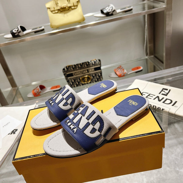 Ciabatte FF da donna Roma Signature in tela e pelle blu grigio