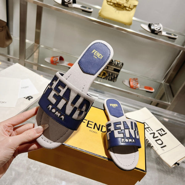 Ciabatte FF da donna Roma Signature in tela e pelle blu grigio