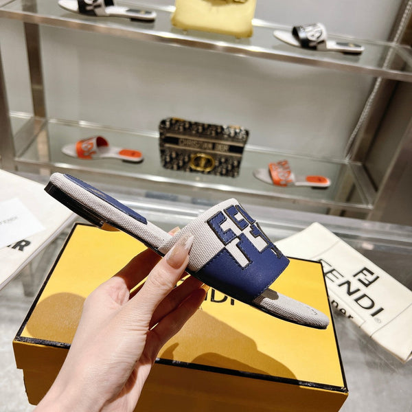 Ciabatte FF da donna Roma Signature in tela e pelle blu grigio