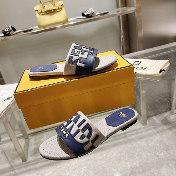 Ciabatte FF da donna Roma Signature in tela e pelle blu grigio