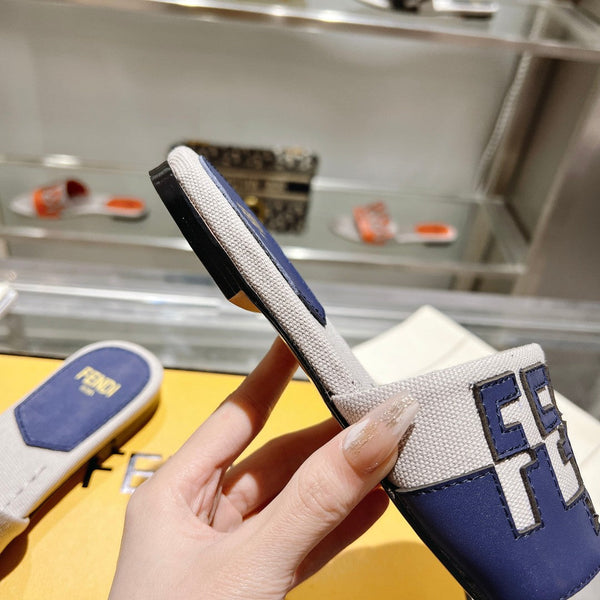 Ciabatte FF da donna Roma Signature in tela e pelle blu grigio