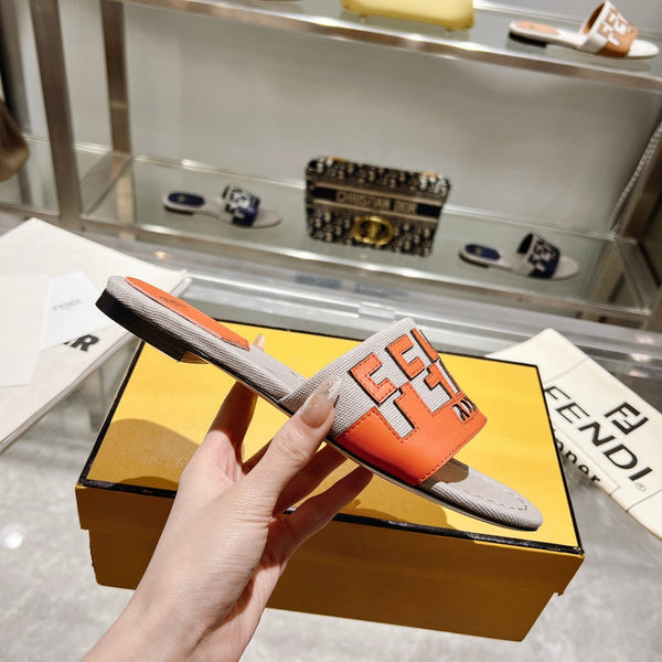 Ciabatte FF da donna Roma Signature in tela e pelle arancione e grigia