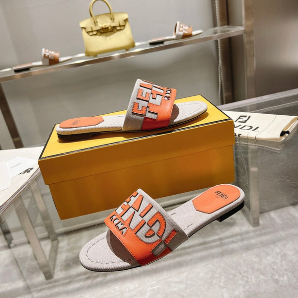 Ciabatte FF da donna Roma Signature in tela e pelle arancione e grigia