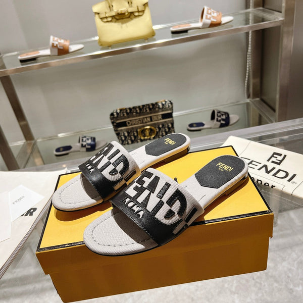 Ciabatte FF da donna Roma Signature in tela e pelle nera e grigia