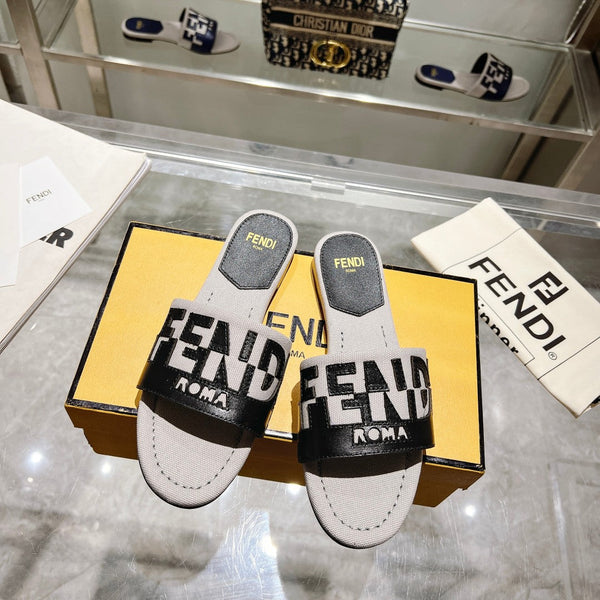 Ciabatte FF da donna Roma Signature in tela e pelle nera e grigia