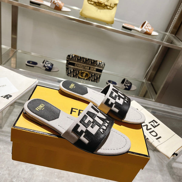 Ciabatte FF da donna Roma Signature in tela e pelle nera e grigia