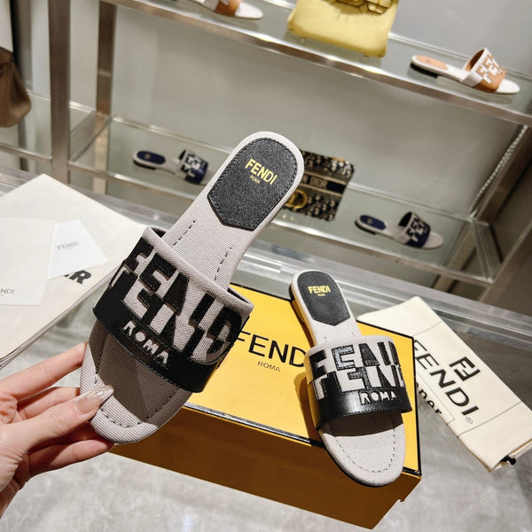 Ciabatte FF da donna Roma Signature in tela e pelle nera e grigia