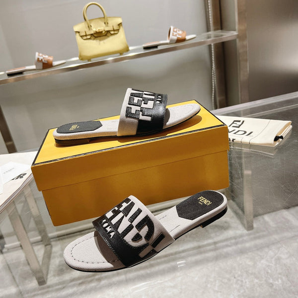 Ciabatte FF da donna Roma Signature in tela e pelle nera e grigia