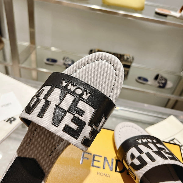 Ciabatte FF da donna Roma Signature in tela e pelle nera e grigia