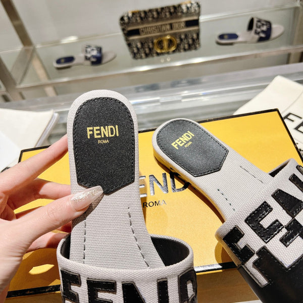 Ciabatte FF da donna Roma Signature in tela e pelle nera e grigia