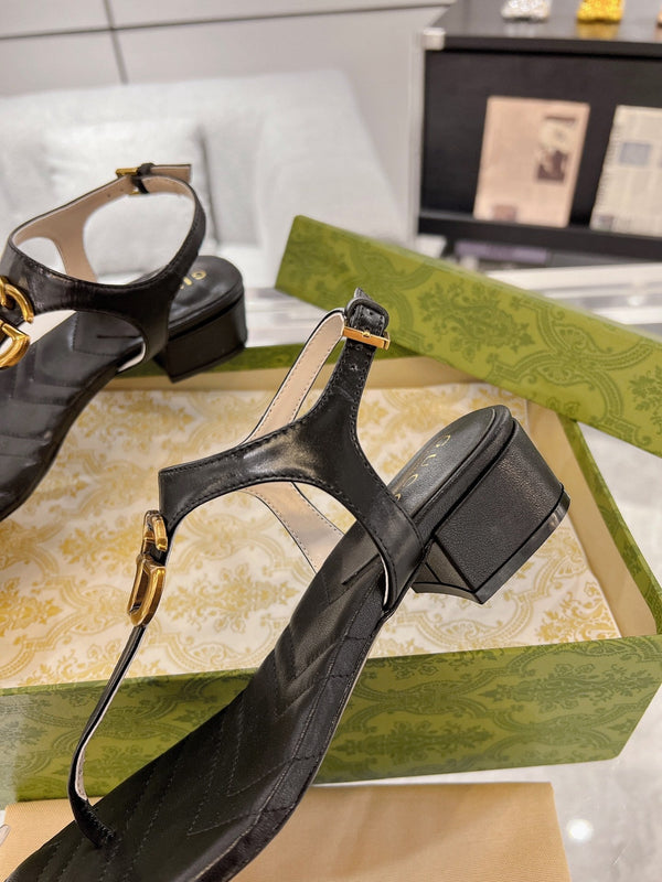 GC Double G Block Heel Thong Sandals Black Leather 292410