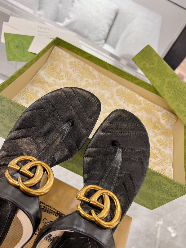 GC Double G Block Heel Thong Sandals Black Leather 292410