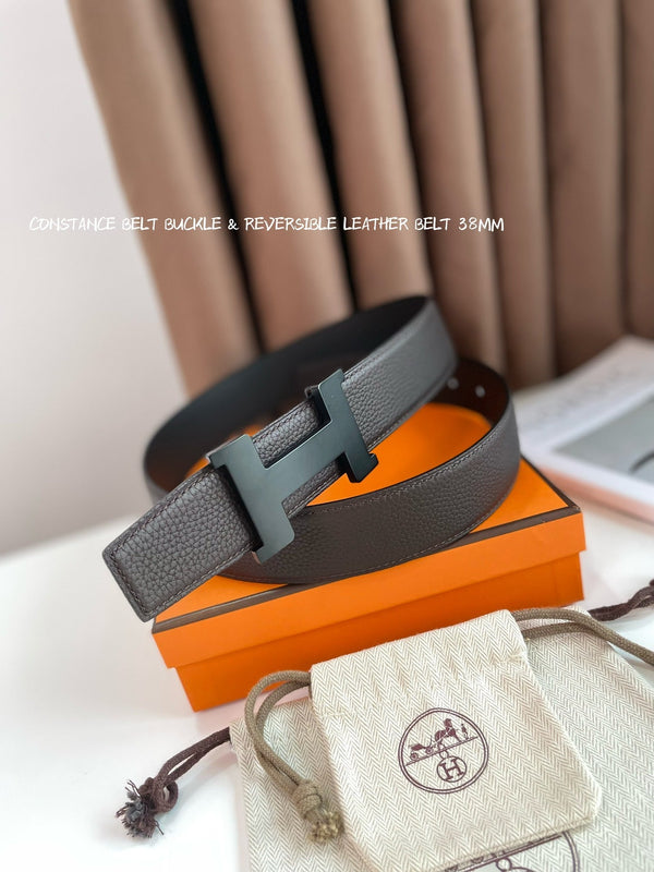 HM CONSTANCE BELT BUCKLE & REVERSIBLE CHOCOLATE BROWN AND BLACK LEATHER STRAP 38MM