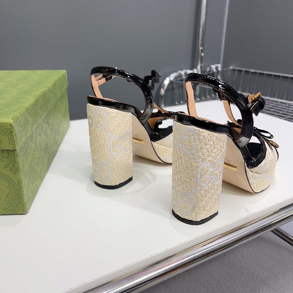 SANDALO CON TACCO ALTO GG 105 CREMA PAGLIA