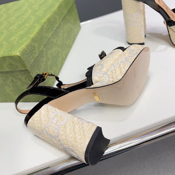 SANDALO CON TACCO ALTO GG 105 CREMA PAGLIA