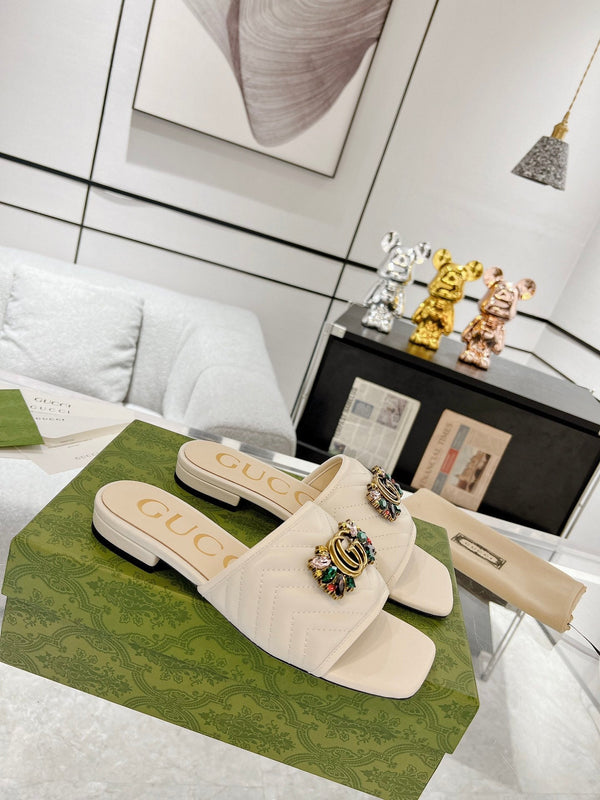 SANDALO SLIDE GG SPARKLE CRYSTAL IN PELLE DI VITELLO CREMA