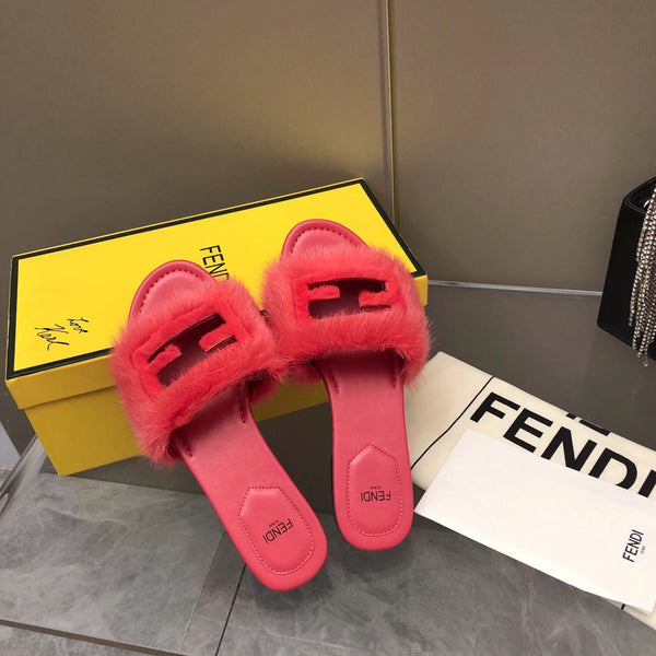 FENDI BAGUETTE MINK SLIDE SLIPPER IN CANDY RED FUR