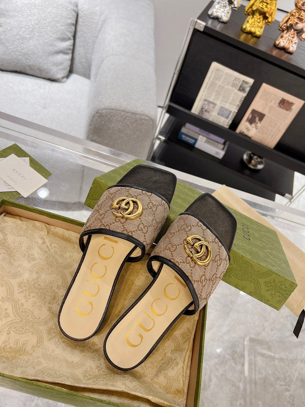 GG EXCLUSIVE SLIDE SANDAL BLACK AND BROWN FABRIC