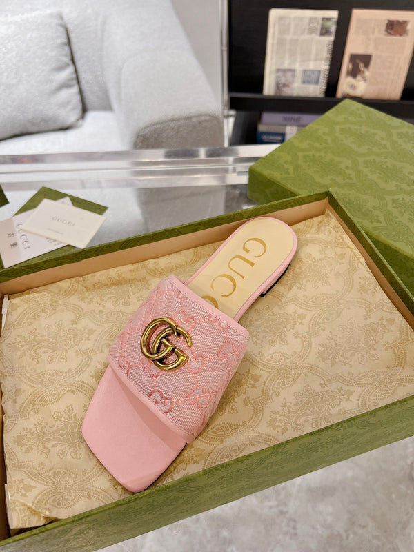 SANDALO SLIDE GG ESCLUSIVO IN TESSUTO ROSA CHIARO