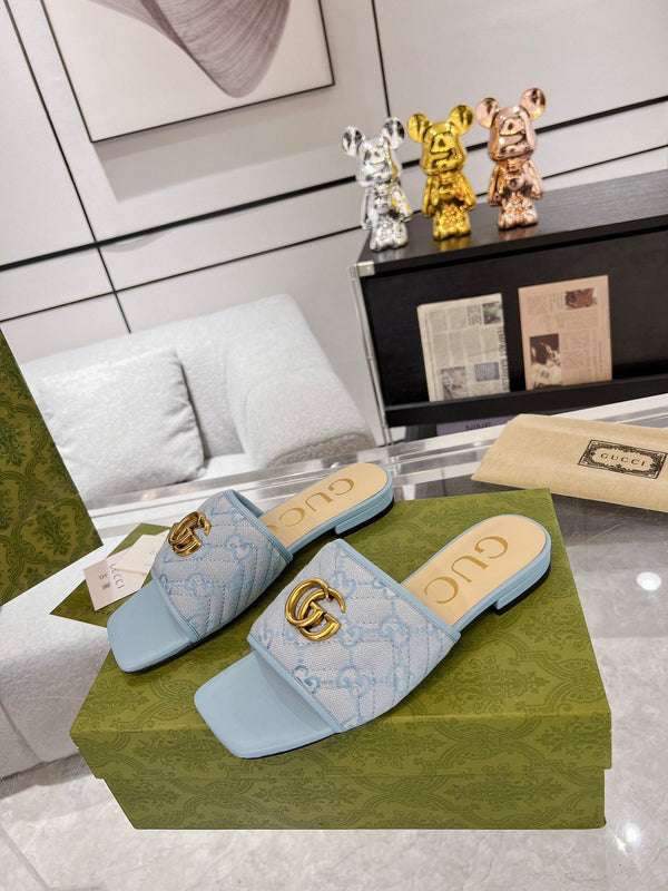 SANDALO SLIDE ESCLUSIVO GG IN TESSUTO CIELO
