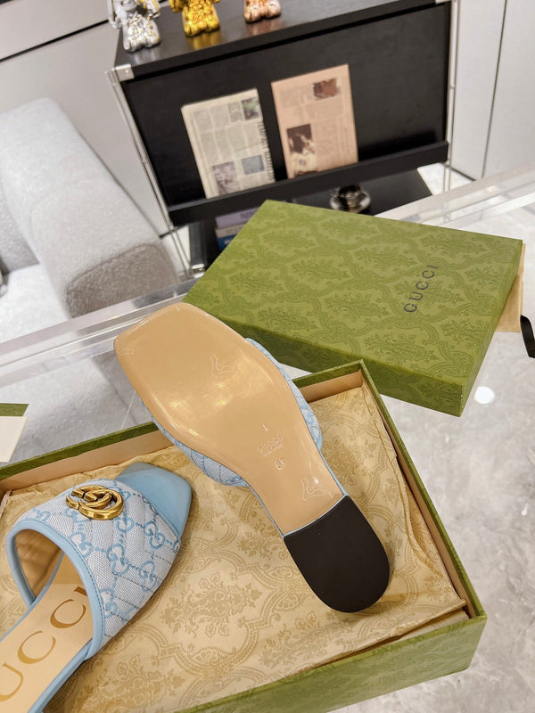 SANDALO SLIDE ESCLUSIVO GG IN TESSUTO CIELO