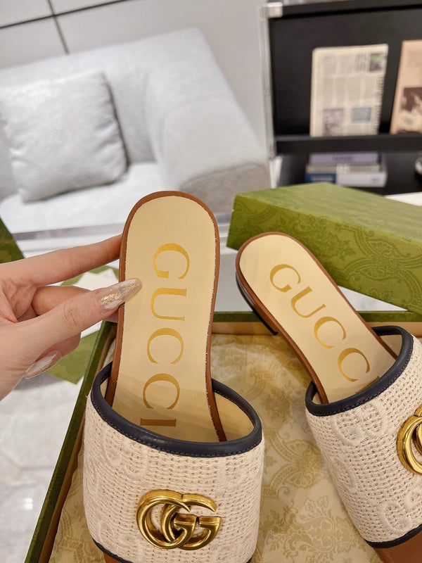 SANDALO SLIDE ESCLUSIVO GG CARAMELLO E CREMA SEDGE