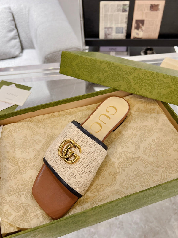 SANDALO SLIDE ESCLUSIVO GG CARAMELLO E CREMA SEDGE