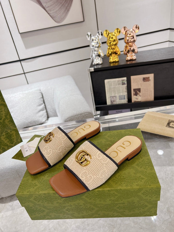 SANDALO SLIDE ESCLUSIVO GG CARAMELLO E CREMA SEDGE