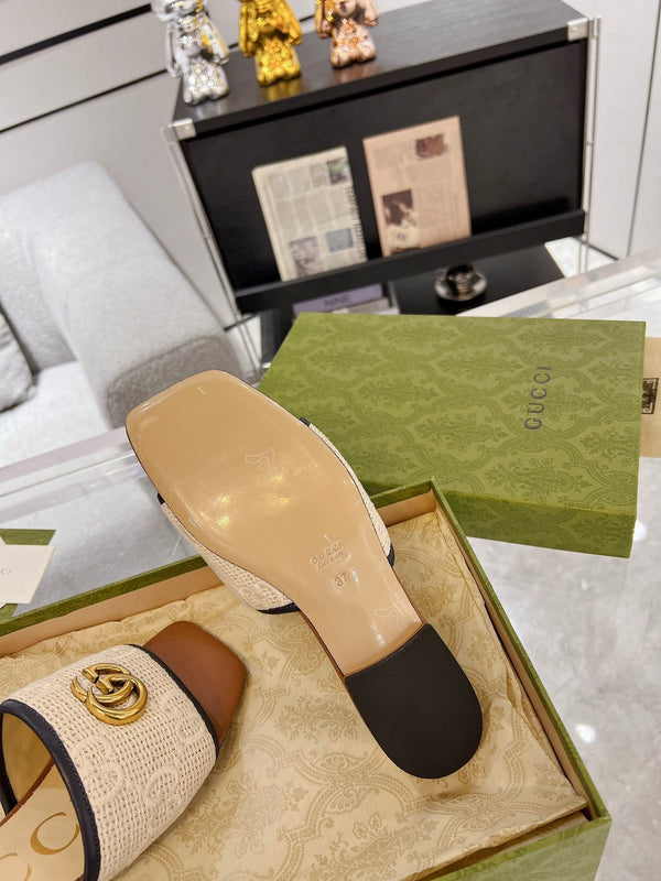 SANDALO SLIDE ESCLUSIVO GG CARAMELLO E CREMA SEDGE