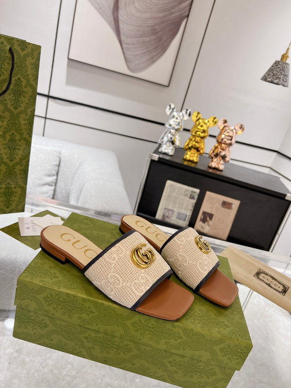 SANDALO SLIDE ESCLUSIVO GG CARAMELLO E CREMA SEDGE