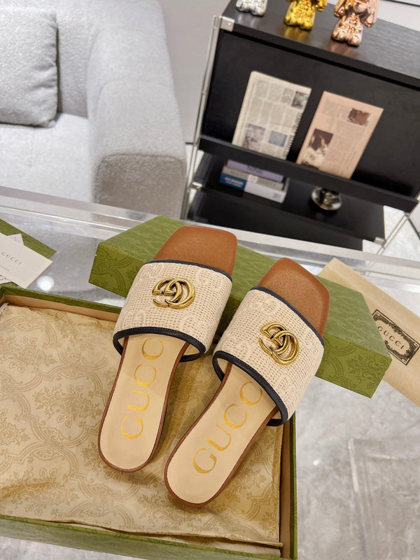 SANDALO SLIDE ESCLUSIVO GG CARAMELLO E CREMA SEDGE