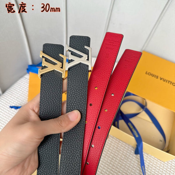 CINTURE LV 30 MM IN PELLE DI VITELLO NERA E ROSSO CILIEGIA CON FERRAMENTA IN ARGENTO