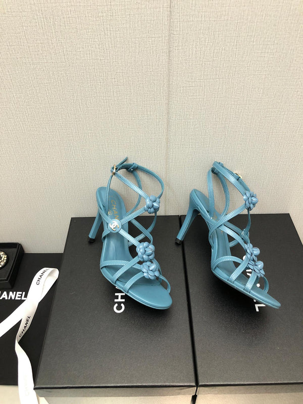 FLORAL HIGH HEEL SANDAL IN SAPPHIRE BLUE LAMBSKIN