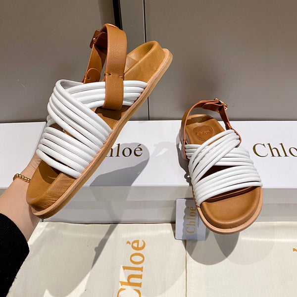 CHLOÉ CROSS STRAP SANDAL IN WHITE MIX BRONZE BROWN RUBBER WITH GOLD HARDWARE